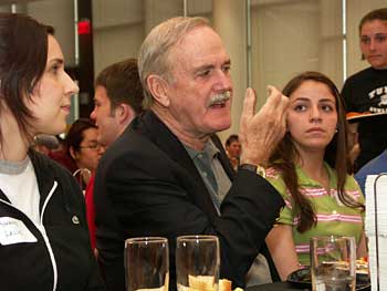 John Cleese chats with students.