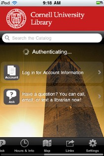 Screenshot of iPhone app for Cornell University Library