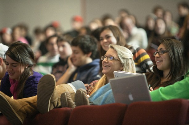Students in David Levitsky's class react during a lecture