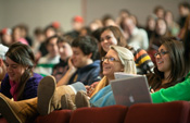 Students in David Levitsky's class react during a lecture