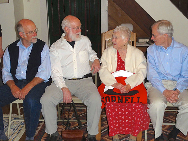 Betty Stavely at her 100th birthday party in Caspar, Calif., with her three sons