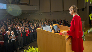 Elizabeth Garrett at the State of the University in Statler Auditorium.