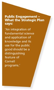 Public Engagement  What the Strategic Plan says: 
An integration of fundamental science and application of knowledge and its use for the public good should be a distinguishing feature of Cornell programs.