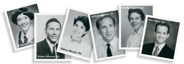 Jill Abrams '80, Robert Abrams '56, Nancy Abrams '86, William Abrams '91, Marilyn Greene '57, Max Klein '08