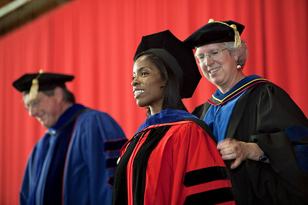 Dean Barbara Knuth at hooding ceremony with Deondra Rose