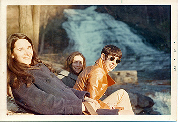 Anita Harris, Suzanne Smith Quick and a friend at Buttermilk Falls State Park in winter 1970