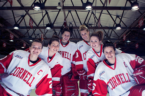 Group photo of six seniors on the Cornell women's hockey team.