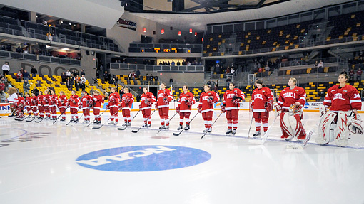 Cornell Big Red women's hockey team lines up on ice before NCAA Frozen Four game in Duluth
