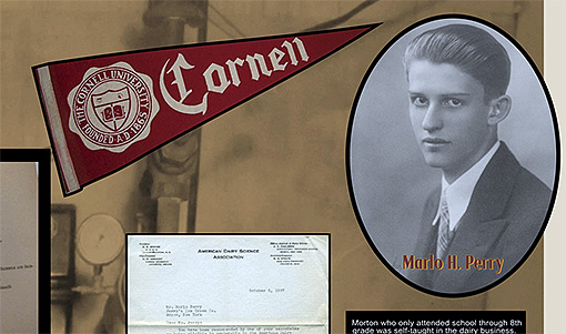 Cornell pennant and Marlo Perry in Perry's Ice Cream company history collage