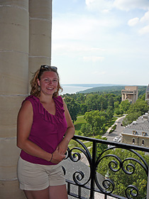 Jennifer Hanley at top of McGraw Tower on Cornell campus