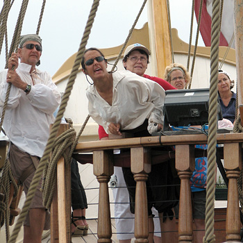 Captain Lauren Morgens on quarterdeck of Kalmar Nyckel