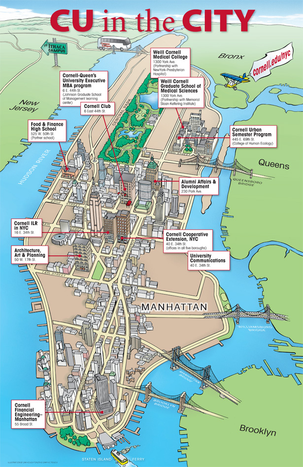 CU in the City: An illustration mapping Cornell's physical footprint in NYC