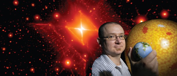 Background: Symmetrical red nebula image; right: Symmetrical red nebula image