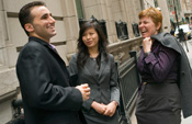 Victoria Averbukh, right, director of the Cornell Financial Engineering Manhattan program, chats with students Raymond DiFelice, left, and Di Li in the financial district.