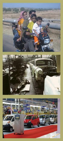 Top: The Nano could be a safer alternative to two-wheeled transport in India. Center and bottom: Then and now: A worker sleeps beside the assembly line for Ambassador automobiles in 1960s India; Nanos roll off the line in a new Tata Motors factory.
