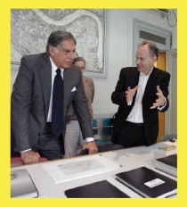 Ratan Tata '59, B.Arch. '62 and AAP Dean Kent Kleinman discuss the Nano in 2009 on campus.