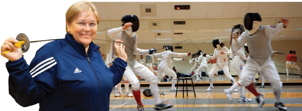Left: Iryna Dolgikh, women's fencing coach. Above: Members of the womens varsity team and mens fencing club practice in Bartels Hall