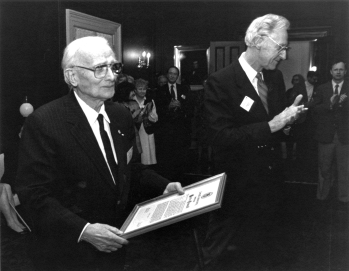 Mario Einaudi and Cornell President Frank H.T. Rhodes at the center's renaming ceremony in 1991