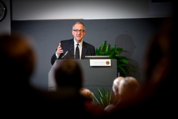 Cornell President David Skorton addresses the Einaudi Center's 50th anniversary symposium