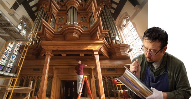 The Anabel Taylor Chapel organ features a massive wooden case of quarter-sawn white oak. Lead designer/researcher Munetaka Yokota.