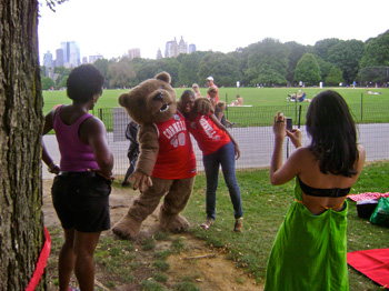 Posing for a photo with the Big Red Bear