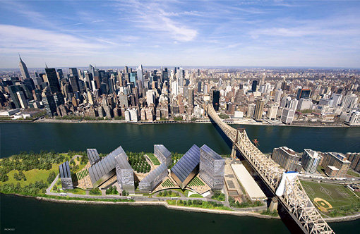 Aerial view and rendering of proposed NYC Tech Campus on Roosevelt Island