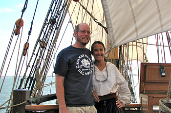 Captain Lauren Morgens and husband Matt Sarver on Kalmar Nyckel's deck