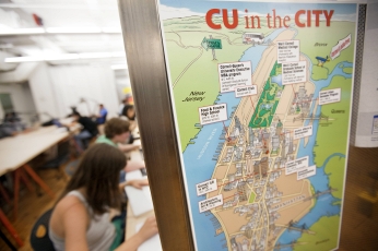 Illustrated map showing the physical footprint of Cornell's Manhattan campus on display in a Cornell office