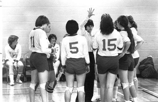 Andrea Dutcher coaches the women's volleyball team in 1979