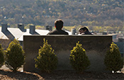 People on 'Our Fair Cornell' bench behind Uris Library