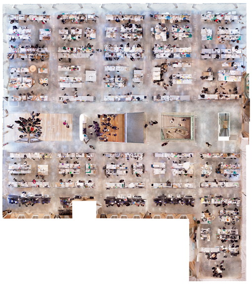 composite image shows a bird's-eye view of the expansive studio space in Milstein Hall's L.P. Kwee Studios