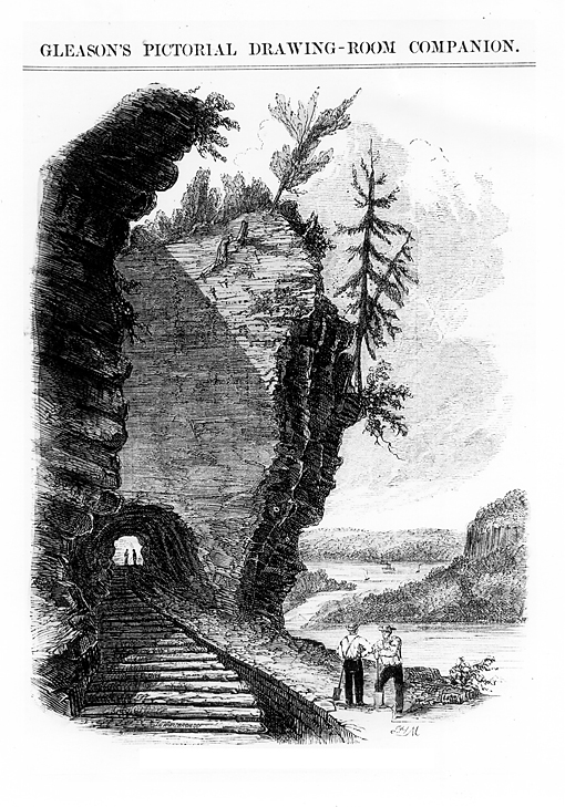 Engraving/illustration of Ezra Cornell-designed tunnel to bypass Ithaca Falls