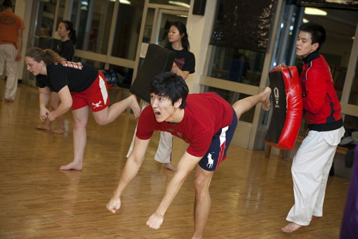 members of the Cornell Taekwondo team practice in Helen Newman Hall