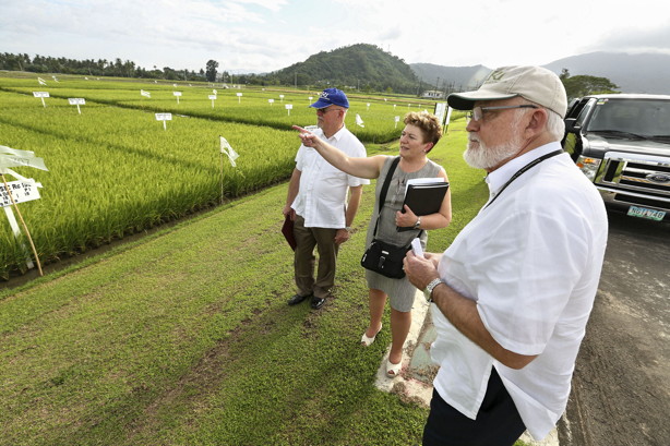 CALS Dean Kathryn Boor at International Rice Research Institute with Robert Zeigler and Ronnie Coffman