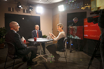 David Skorton, Joel Malina and Elizabeth Garrett in the Cornell Broadcast Studios