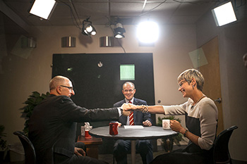 David Skorton, Joel Malina and Elizabeth Garrett in the Cornell Broadcast Studios