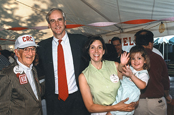Lizzie Klein at age 2 with great-grandfather Bill Vanneman '31, then-President Hunter R. Rawlings III and mom Kara Vanneman Klein '89
