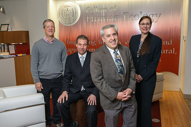 From left, professors Donald Kenkel, policy analysis and management, and Patrick Stover, nutritional sciences; Alan Mathios, the Rebecca Q. and James C. Morgan Dean of the College of Human Ecology; and human development professor Valerie Reyna.