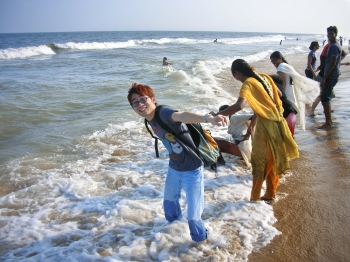 Students on the beach in India.