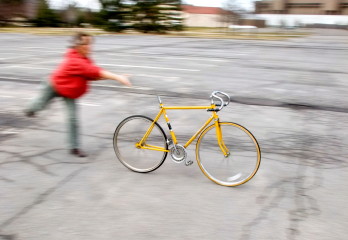Bicycle being pushed and remaining upright