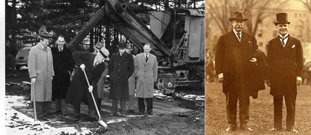 groundbreaking of the Floyd R. Newman (Class of 1912) Laboratory of Nuclear Studies in 1947, Cornell President Jacob Gould Schurman, right, with U.S. President William H. Taft during a campus visit in 1916. Photo: Division of Rare and Manuscript Collections.