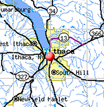 map with pushpin on Ithaca, N.Y.