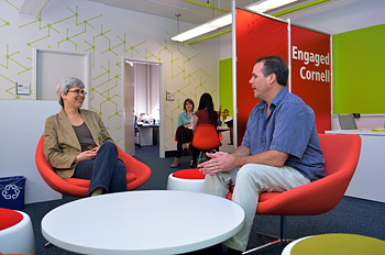 Rebecca Stoltzfus and Richard Kiely in Engaged Learning and Research center's redesigned space