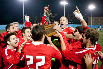 Cornell Big Red men's soccer team members celebrate after Ivy League title win