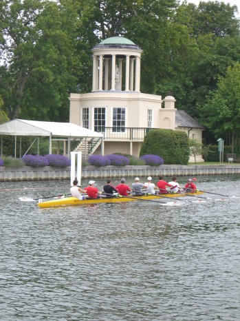 The Cornell rowing team in the Henley Royal Regatta on the River Thames in England