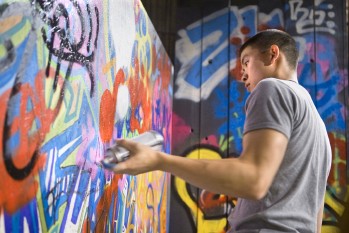 Graffiti as part of the set for Romeo and Juliet at the Schwartz Center for the Performing Arts