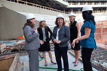 Alumnae chat at Barclays Center construction site