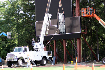 Scoreboard being installed at Schoellkopf Field during the summer